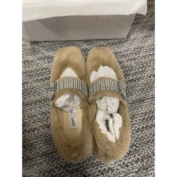 Jimmy Choo Faux Fur & Rhinestone Embellished Flats Size 37 Beige - Picture 2 of 8
